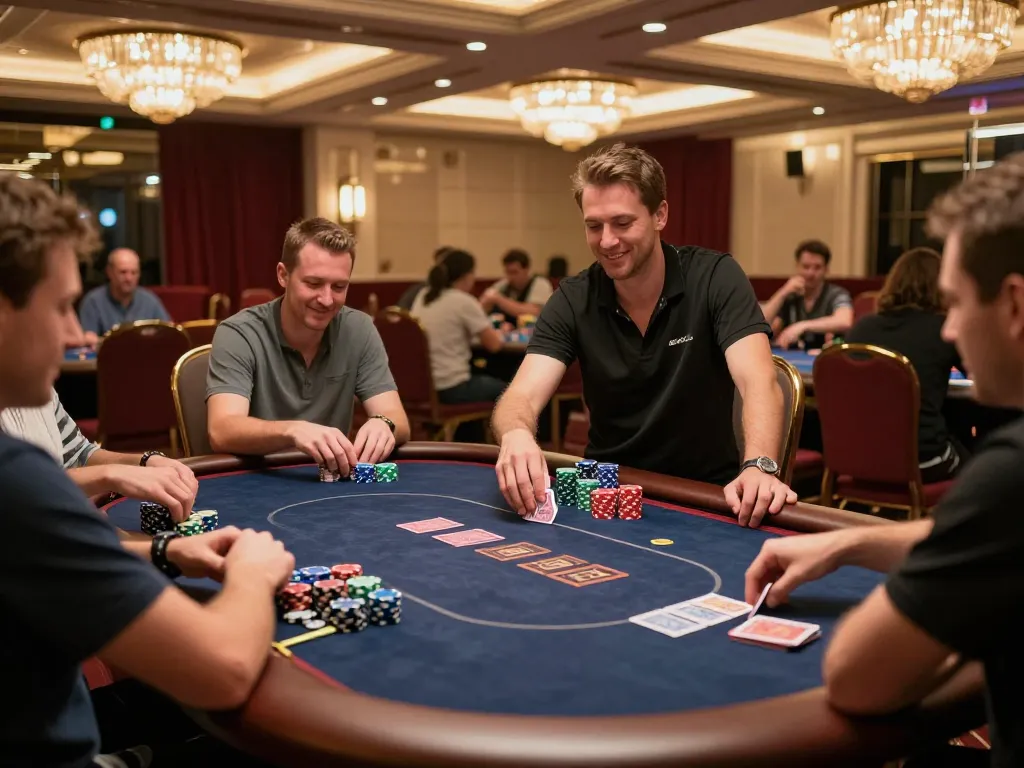 Players strategizing in an upscale poker room at Luck8 com, highlighting an exciting gambling atmosphere.