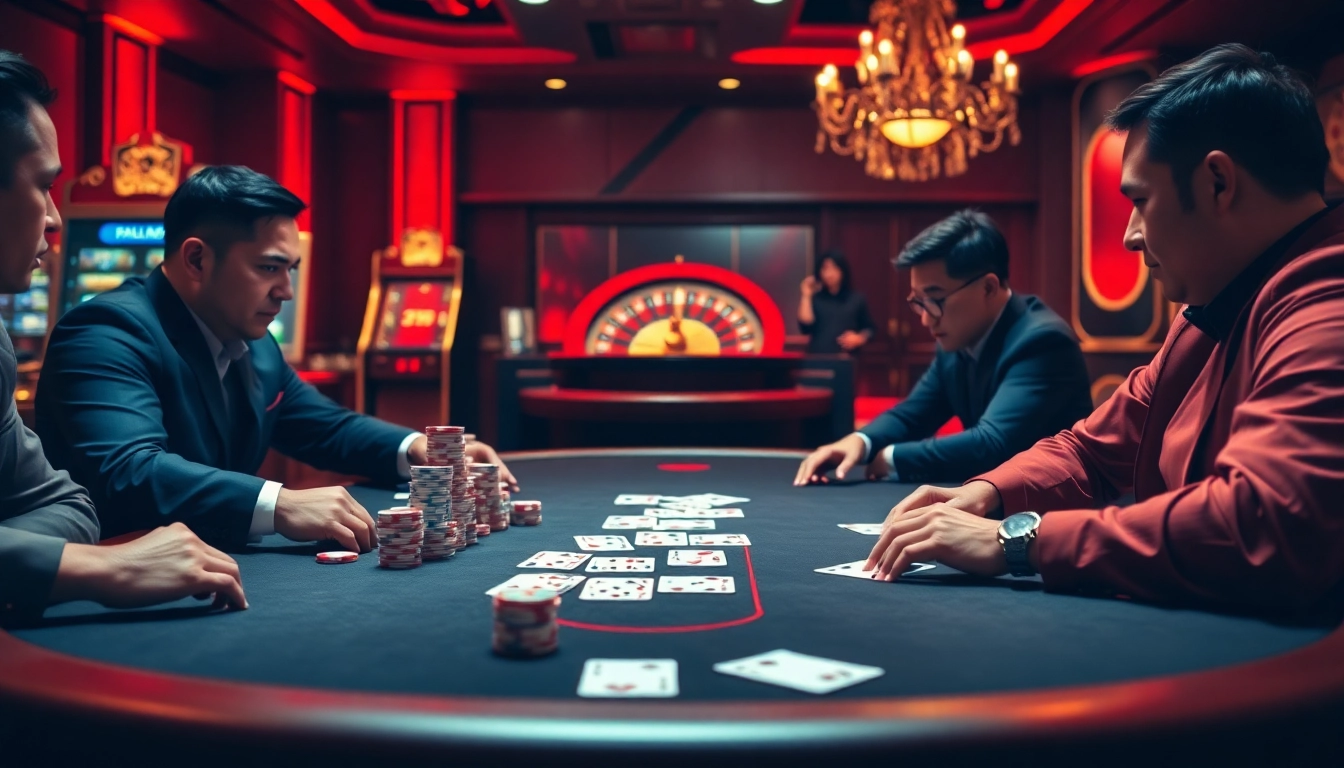 Engage with thrilling poker action at 789F's luxurious casino setting with vibrant chips and cards.