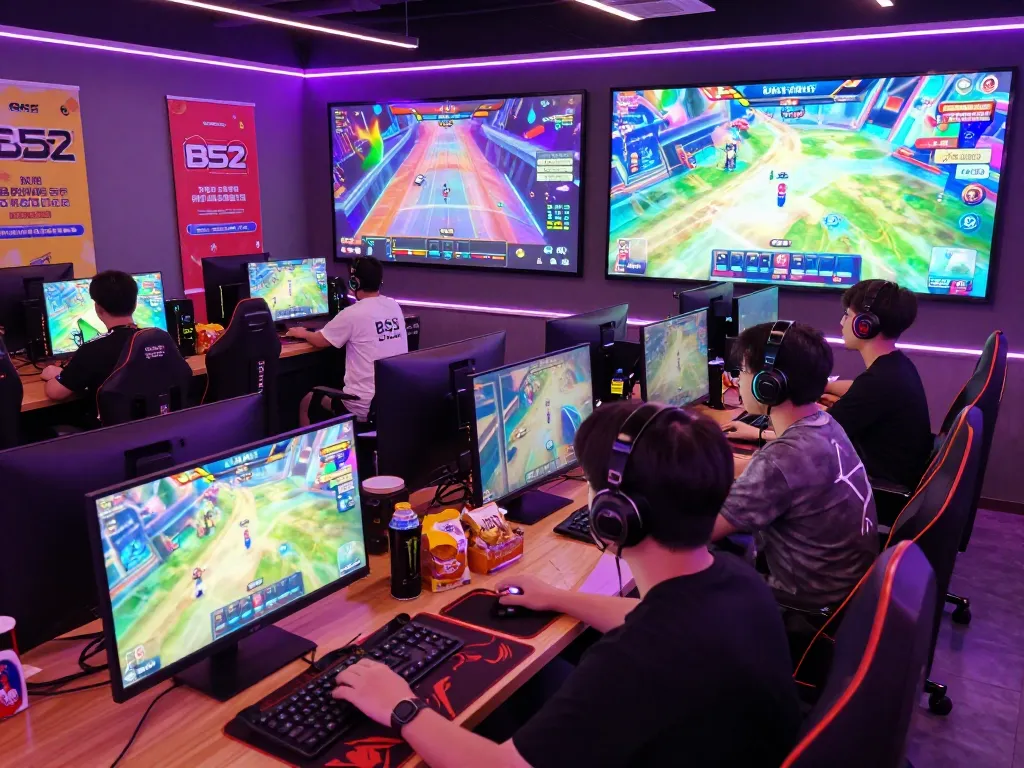 Gamers enjoying the vibrant B52 gaming platform, surrounded by dynamic visuals and exciting promotions.