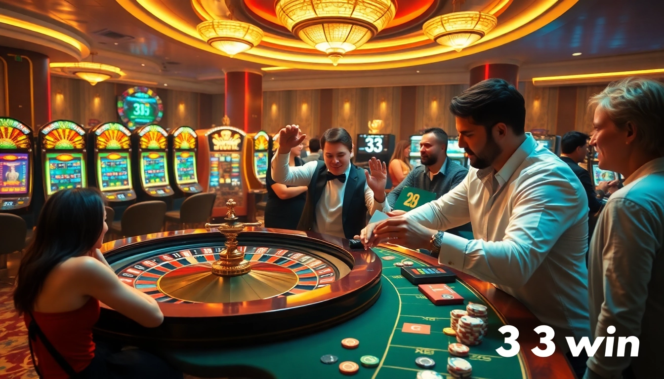 33win players celebrating a win at a luxurious casino table with roulette and poker.