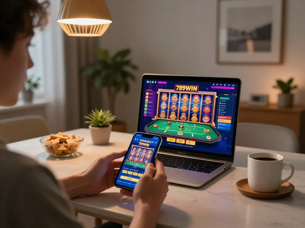 Engaging with the 789WIN casino app on a smartphone at home, emphasizing responsible gaming.