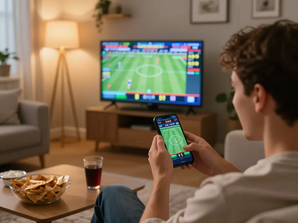 Engaged user placing sports bets on nowgoal app while enjoying a cozy home atmosphere.