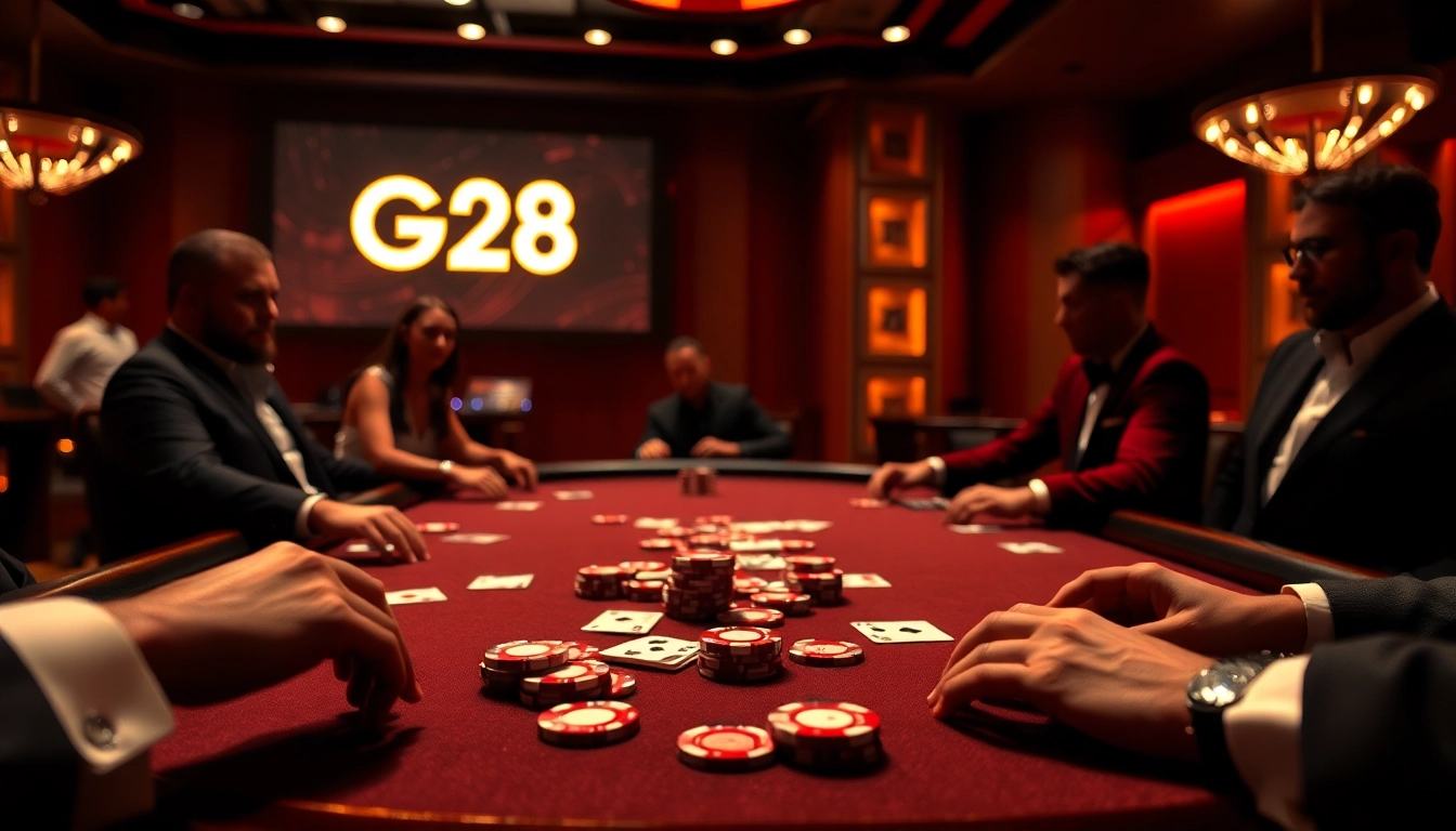 G28 online gambling excitement with high-stakes poker in a luxurious casino setting.