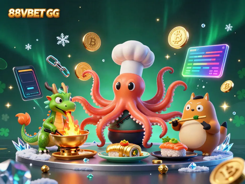 Experience the vibrant world of 88VBET GG with lively characters and crypto elements in a rich casino scene.