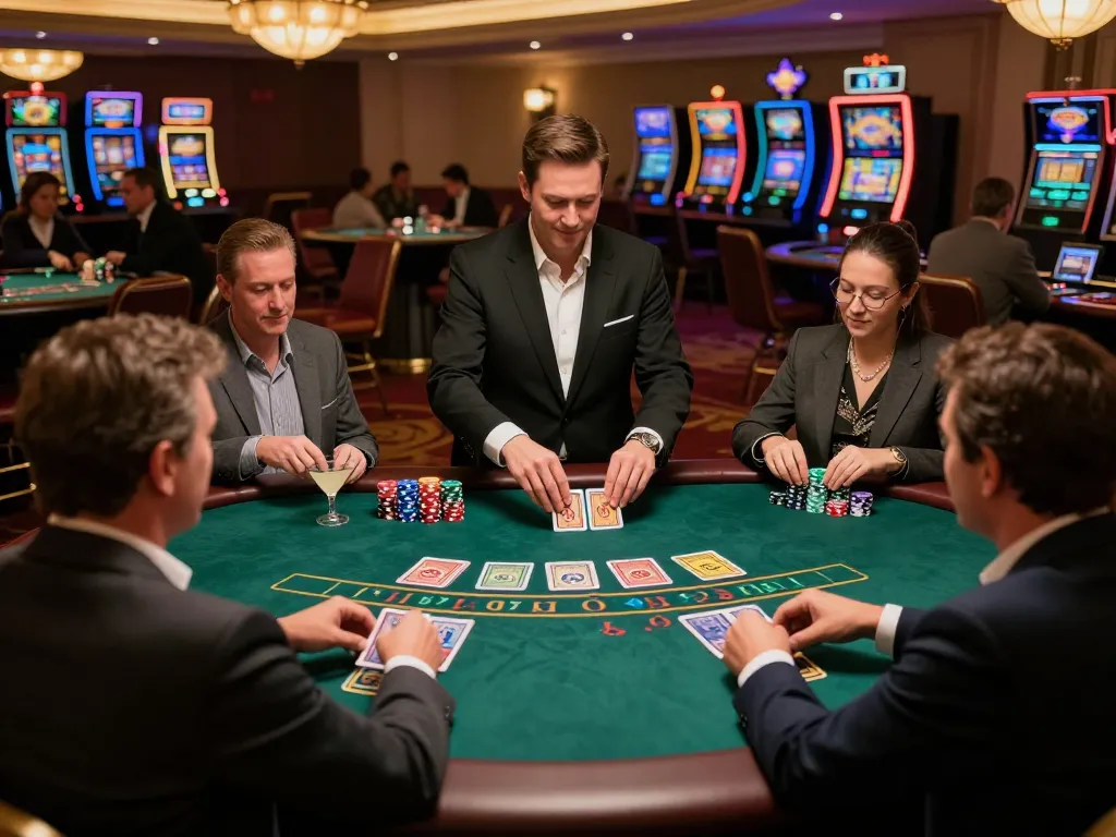 va88 players enjoying an engaging blackjack game with colorful chips and cards at an upscale casino