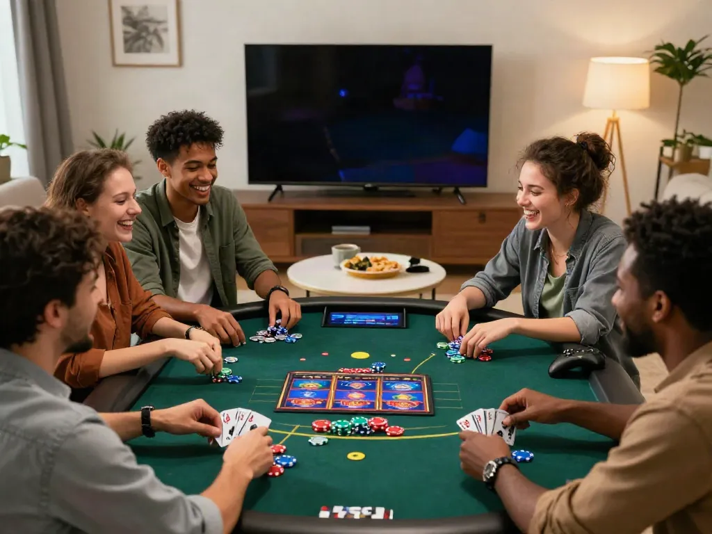 Group enjoying best non gamstop casinos at home with virtual games and chips.