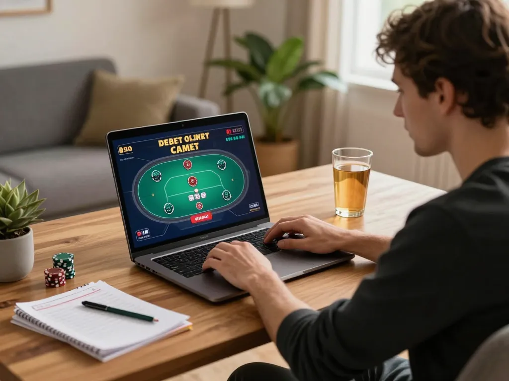 Engaged in debet online poker gameplay, a focused player analyzes strategies at home with notes.