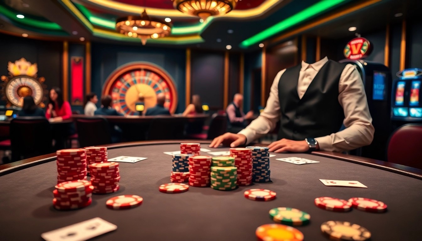 High-stakes poker action at https://hm88.blue/ with vibrant chips and an elegant dealer.