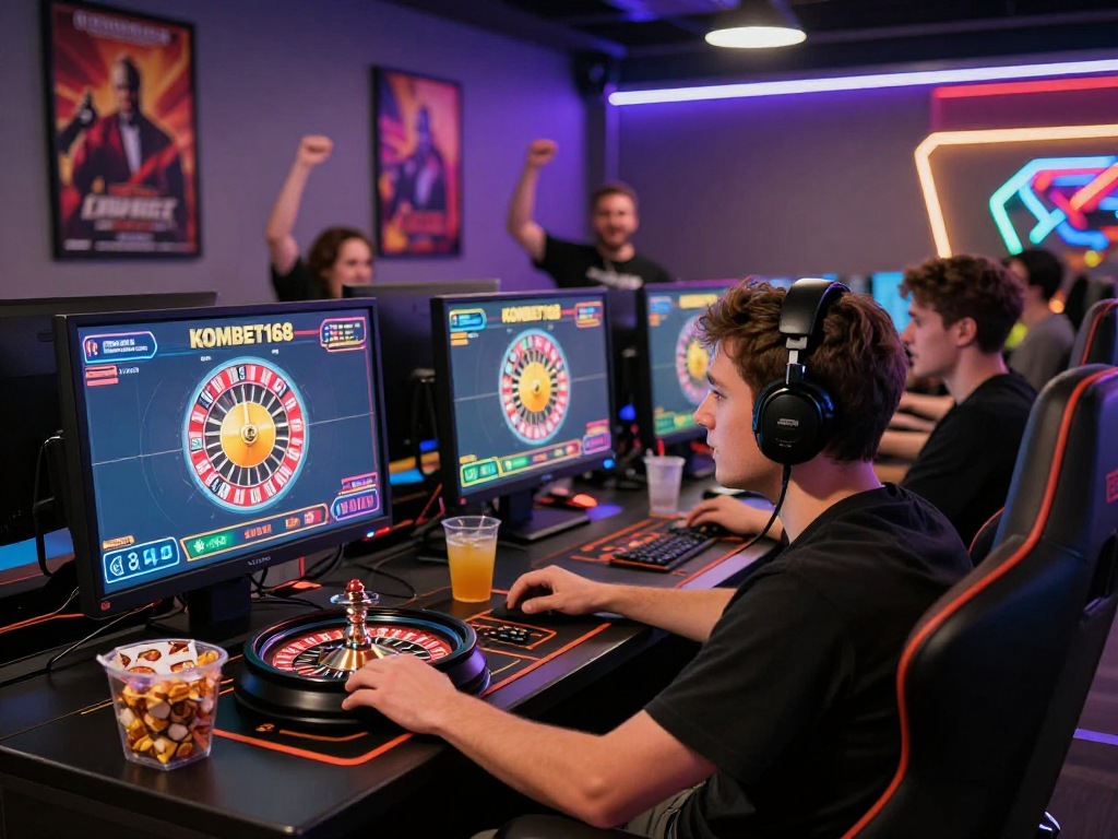 KOMBET168 gaming enthusiast playing online roulette in esports lounge.