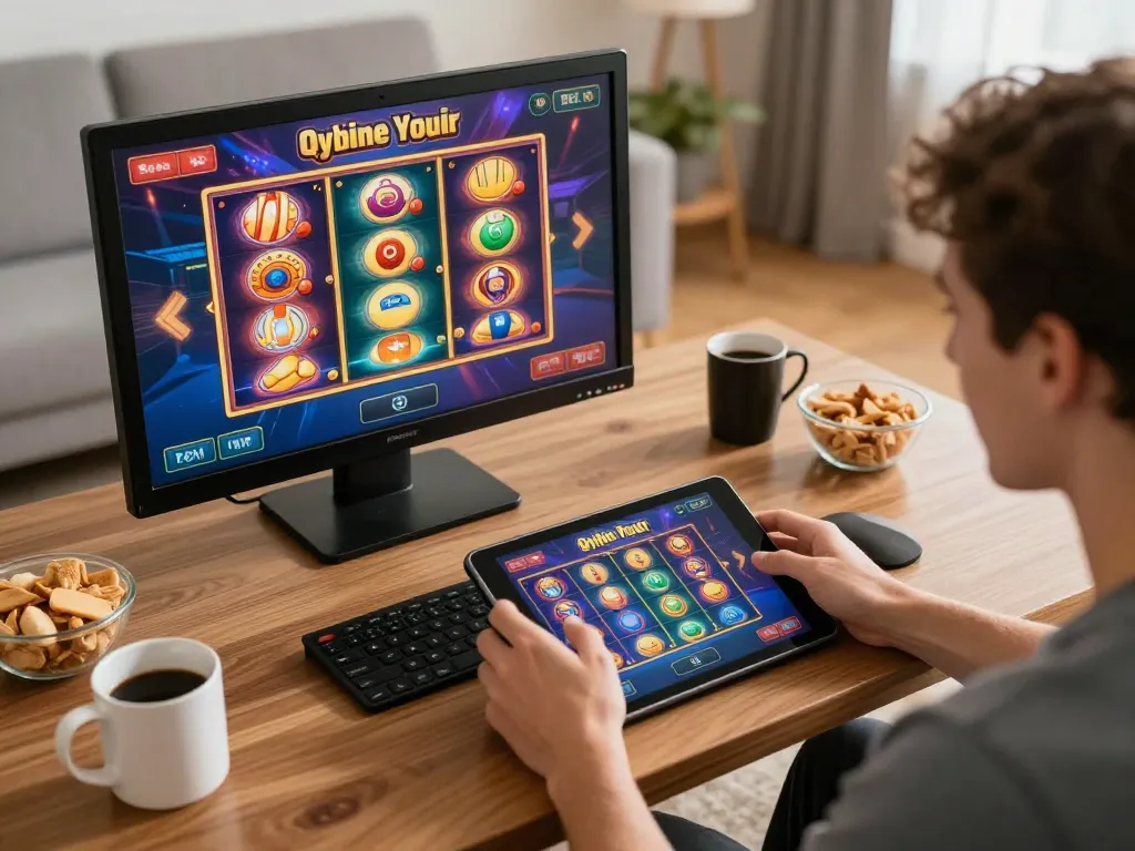 Player enjoys online slots at home, showcasing hay88x interactive gaming experience with vibrant graphics.