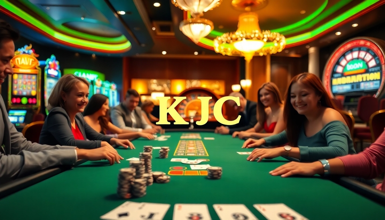 KJC players enjoying an exciting casino game at a luxury table, surrounded by vibrant slot machines.