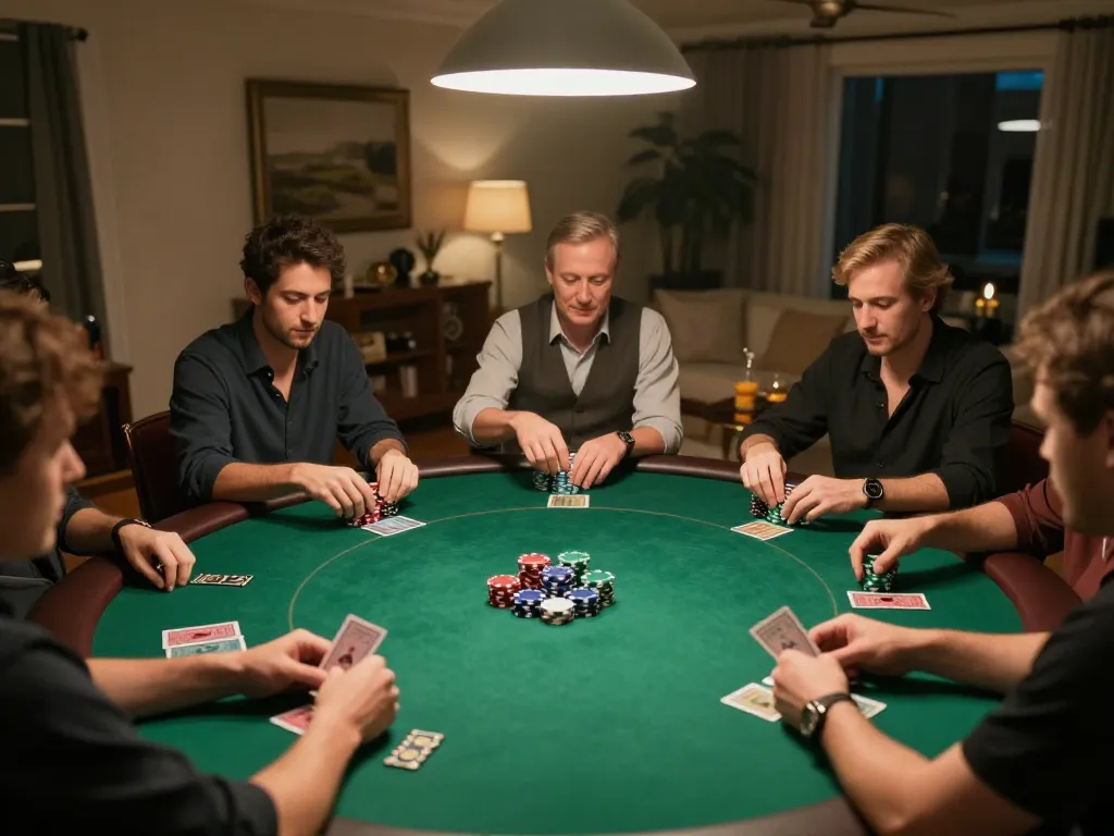 SIN88 players enjoying an exciting home poker game night with chips and cards