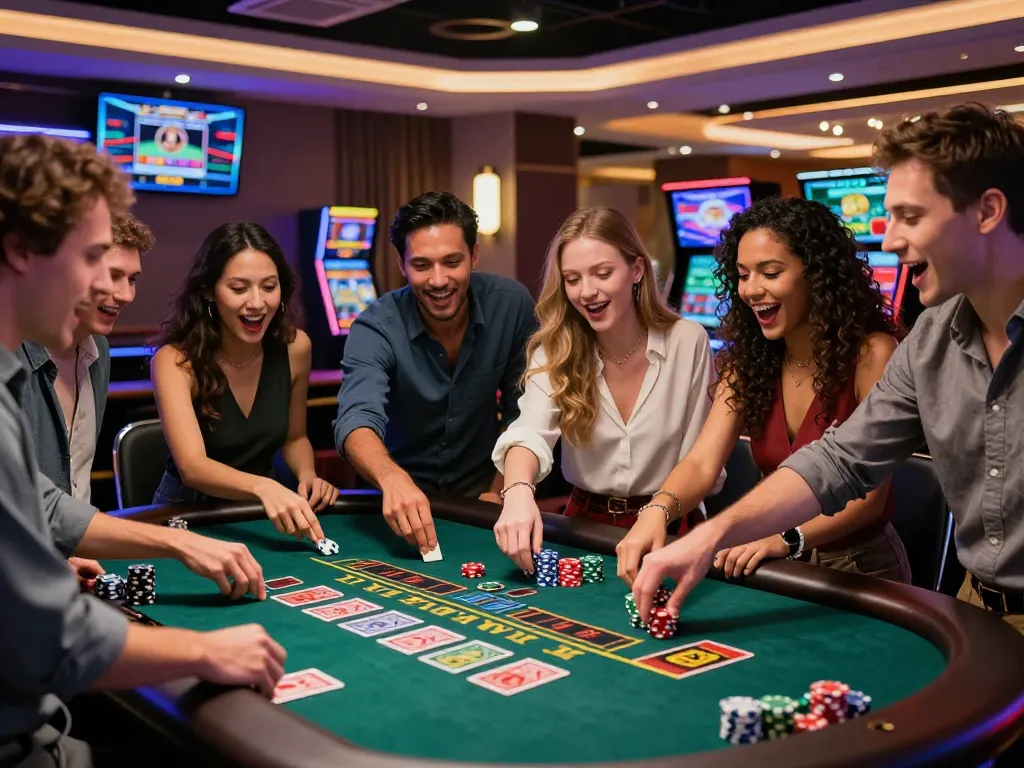 Friends enjoying live gaming at XIN88, showcasing excitement and vibrant casino atmosphere.