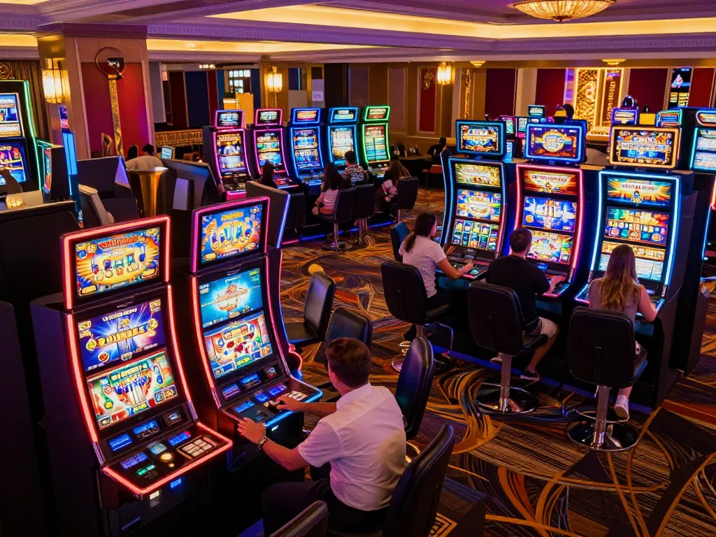 Experience the thrill of gaming at Luck8mb with vibrant slot machines engaging players.