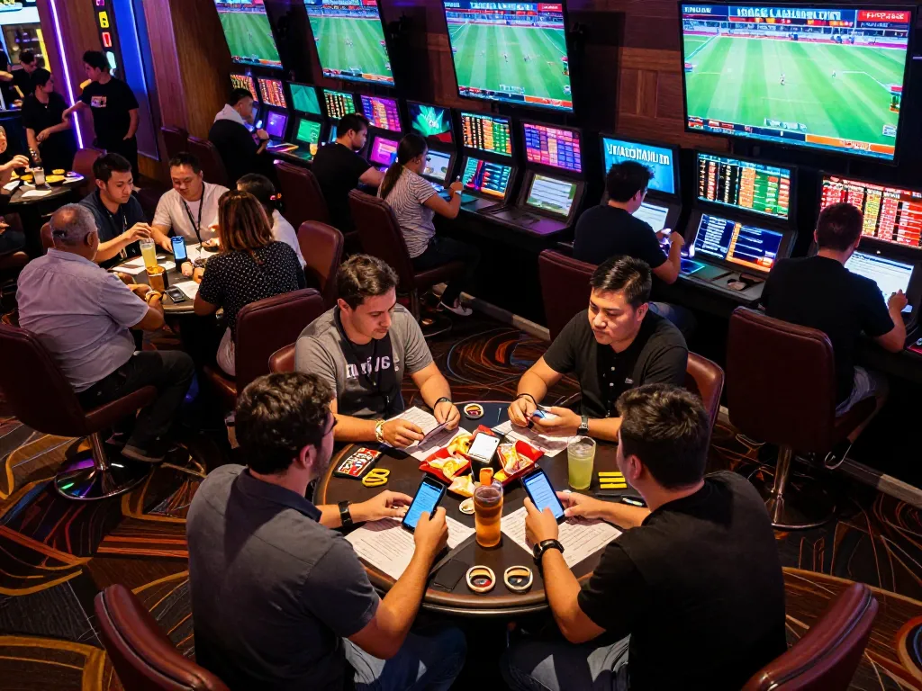 Engaged sports fans discussing tỷ lệ nhà cái while watching live matches in a casino sportsbook.