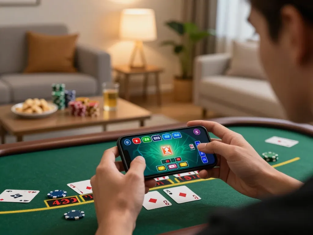 FIVE88 player engaging in live blackjack on smartphone at home, showcasing strategic gameplay.
