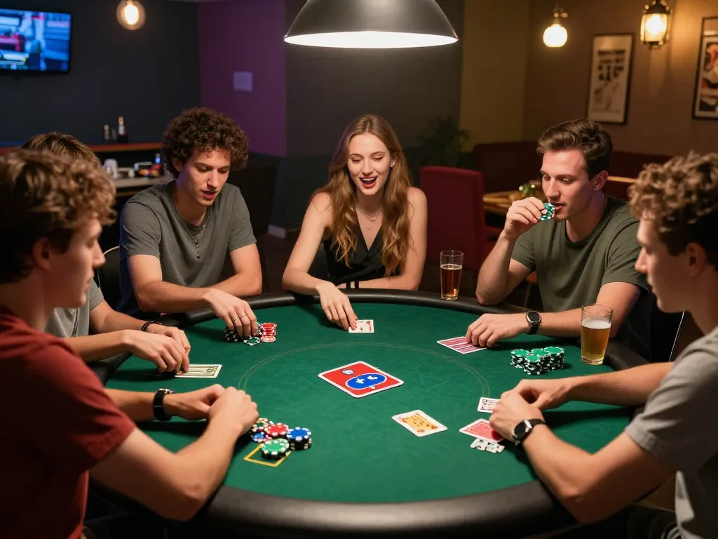 Friends playing poker at home, showcasing keonhacai gameplay with colorful chips and enthusiastic expressions.