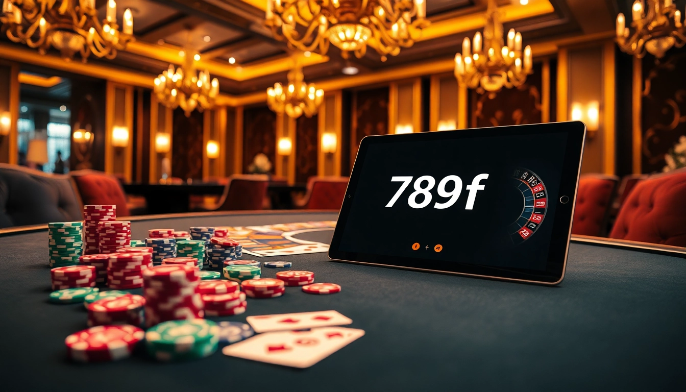 Experience high stakes and excitement at the 789f online casino with vibrant poker chips and roulette.