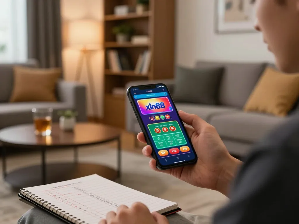 Player using xin88 mobile app for live dealer games in a cozy home setting