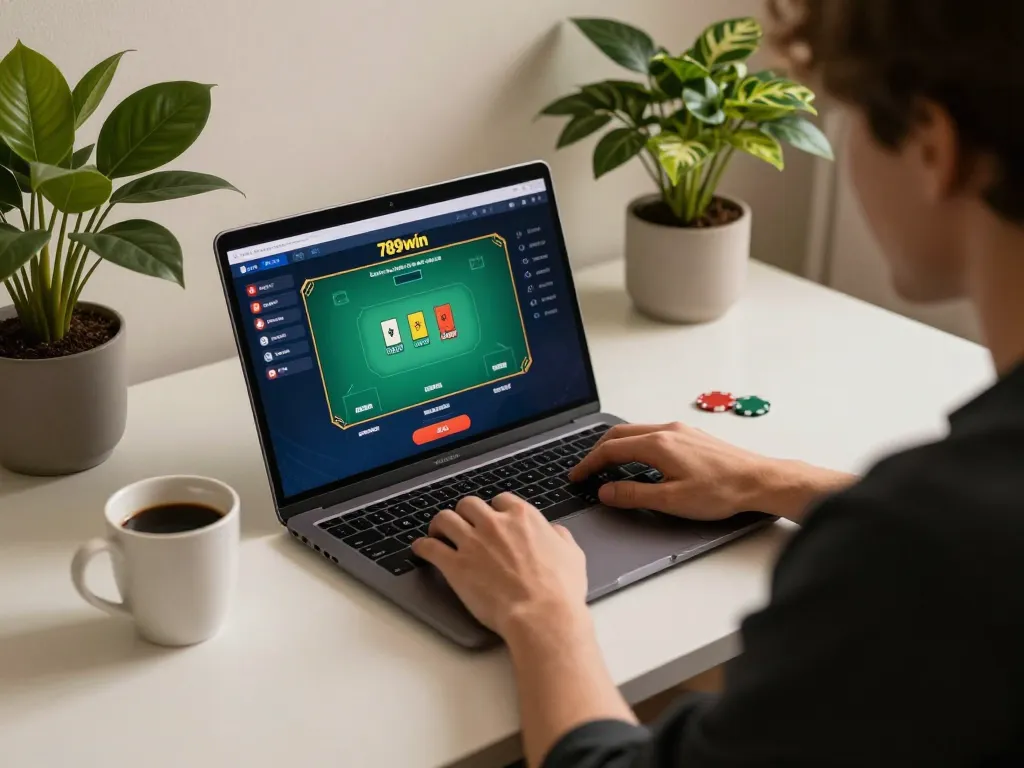 Playing online poker on 789win at a modern desk with a laptop and coffee, promoting responsible gaming.