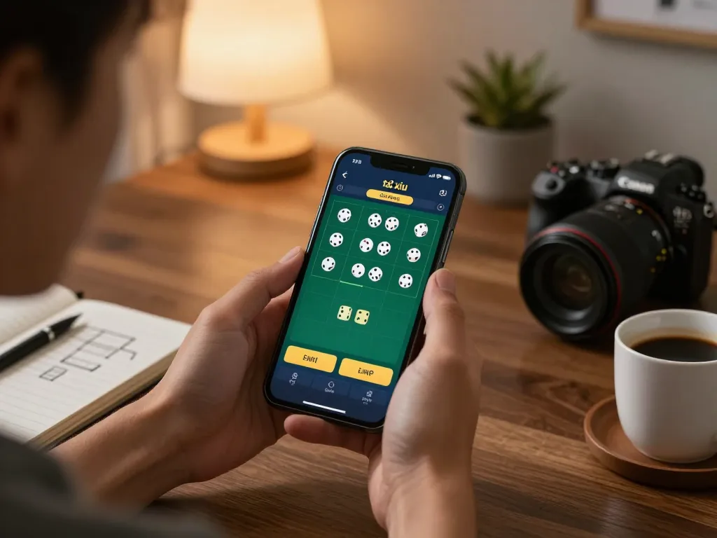 Engaged player using app tài xỉu online in a cozy home setting.
