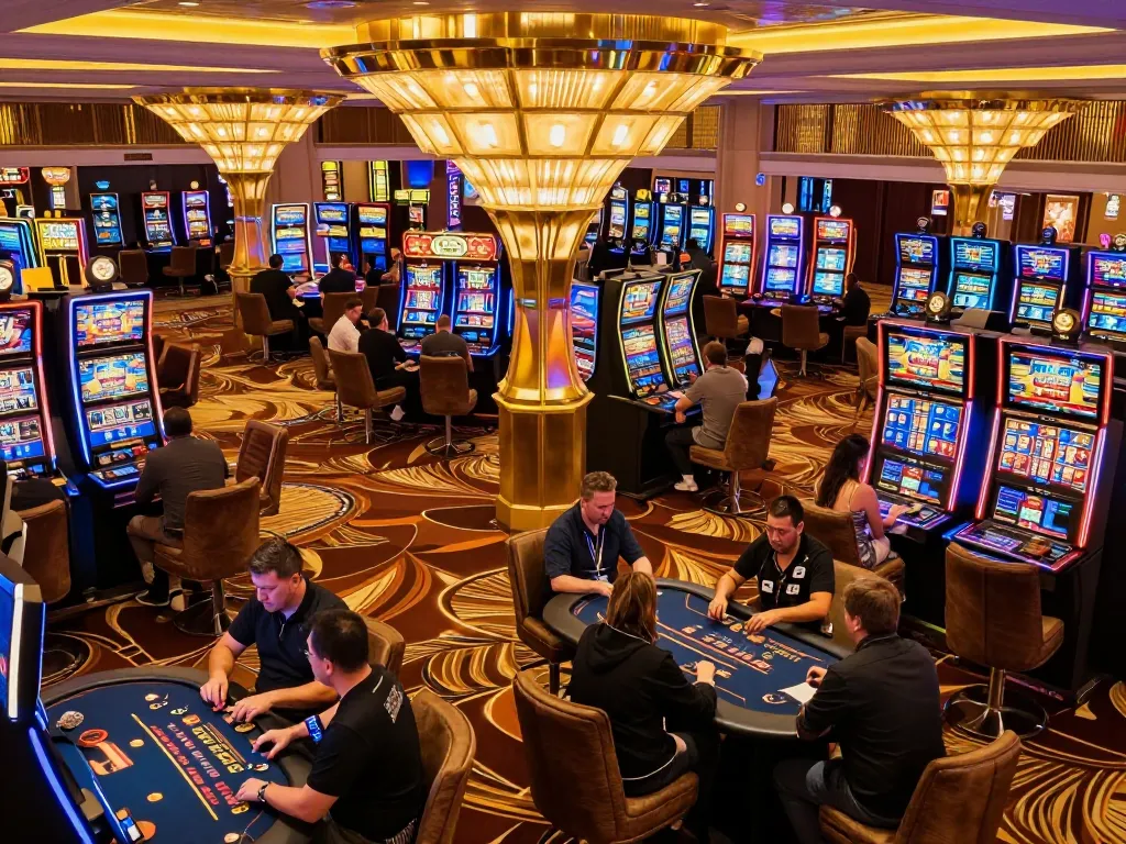 Kong88 players enjoying dynamic gaming experience on an upscale casino floor filled with vibrant slot machines and card tables.