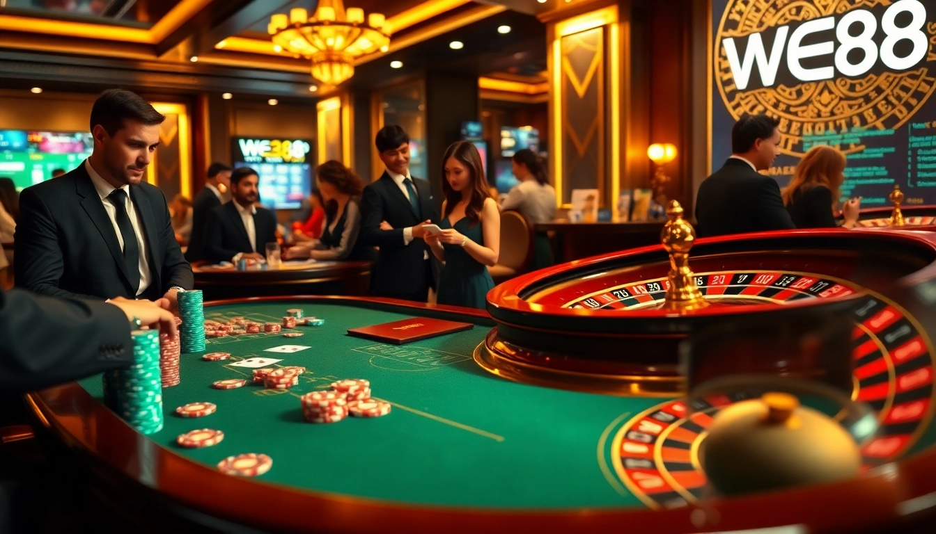 Experience the thrill of betting at WE88 with a vibrant casino scene showcasing cards and chips.