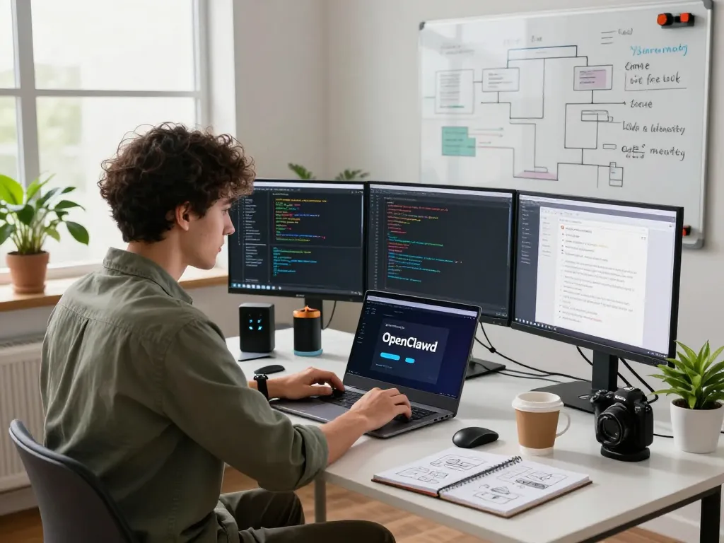 Developer configuring clawbot AI assistant in modern workspace with dual monitors and vibrant atmosphere.