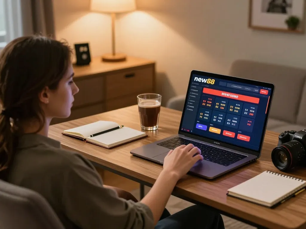 Engaging in online gaming at new88 with cozy setup, analyzing bets and strategies.