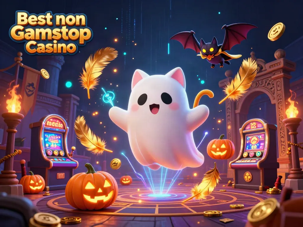 Engage with the Best non Gamstop Casino featuring a playful ghost cat in a lively haunted scene.