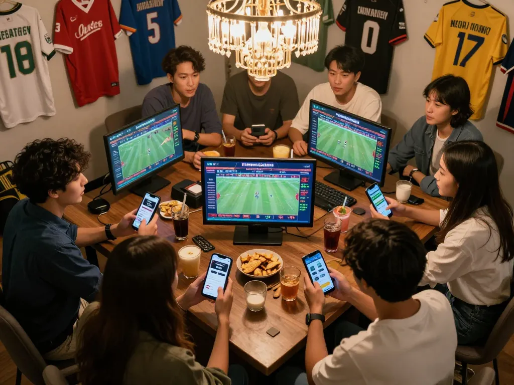Friends placing bets on the tylekeonhacai88 app during an exciting sports event, creating a lively atmosphere.