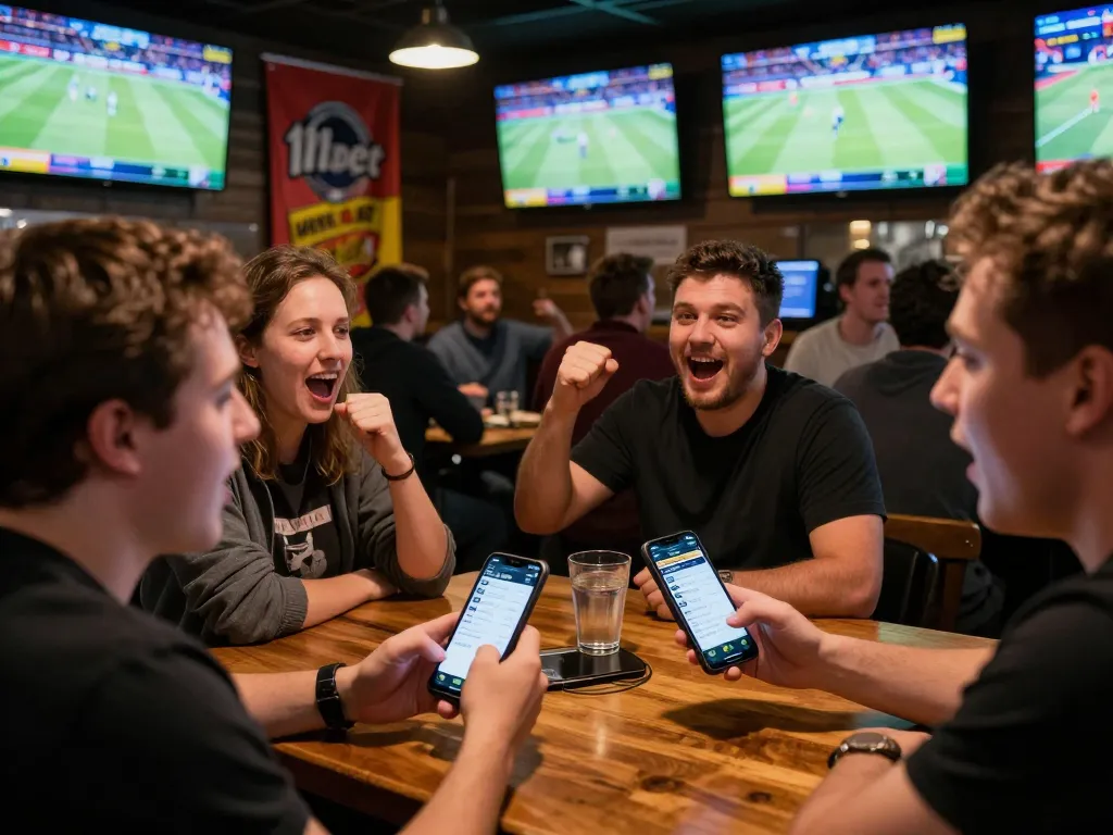 Engaged sports fans using 11bet app for live betting during an exciting game.