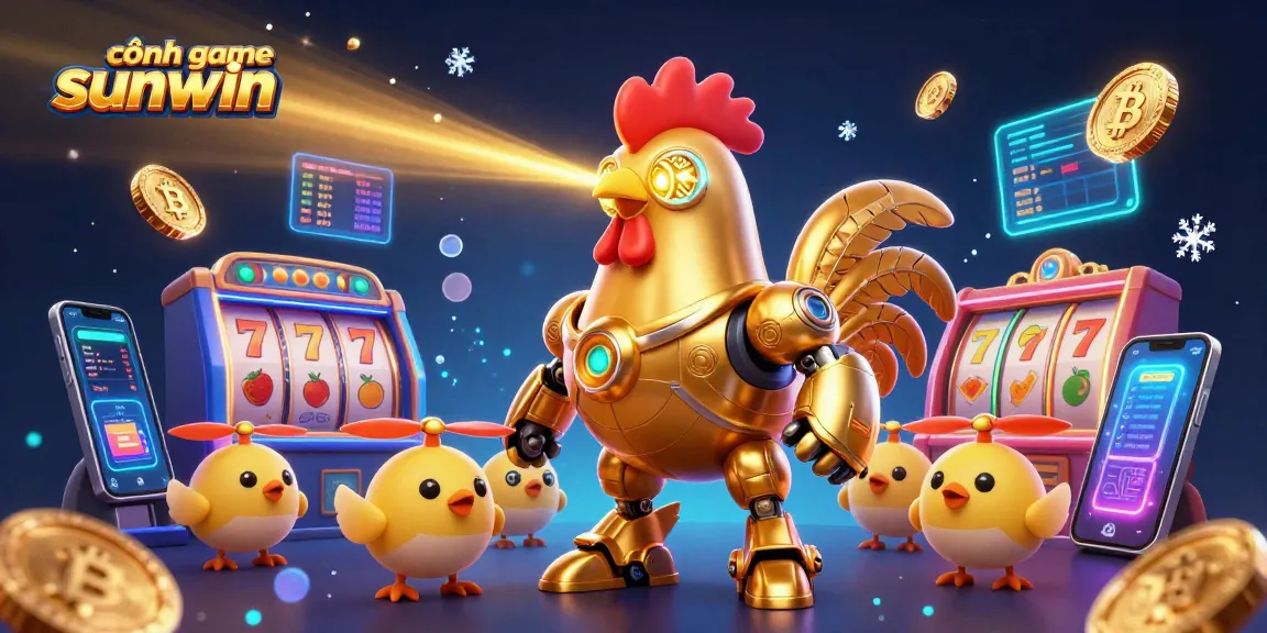 Engage with exciting features in the cổng game sunwin showcasing a golden rooster robot and crypto elements.