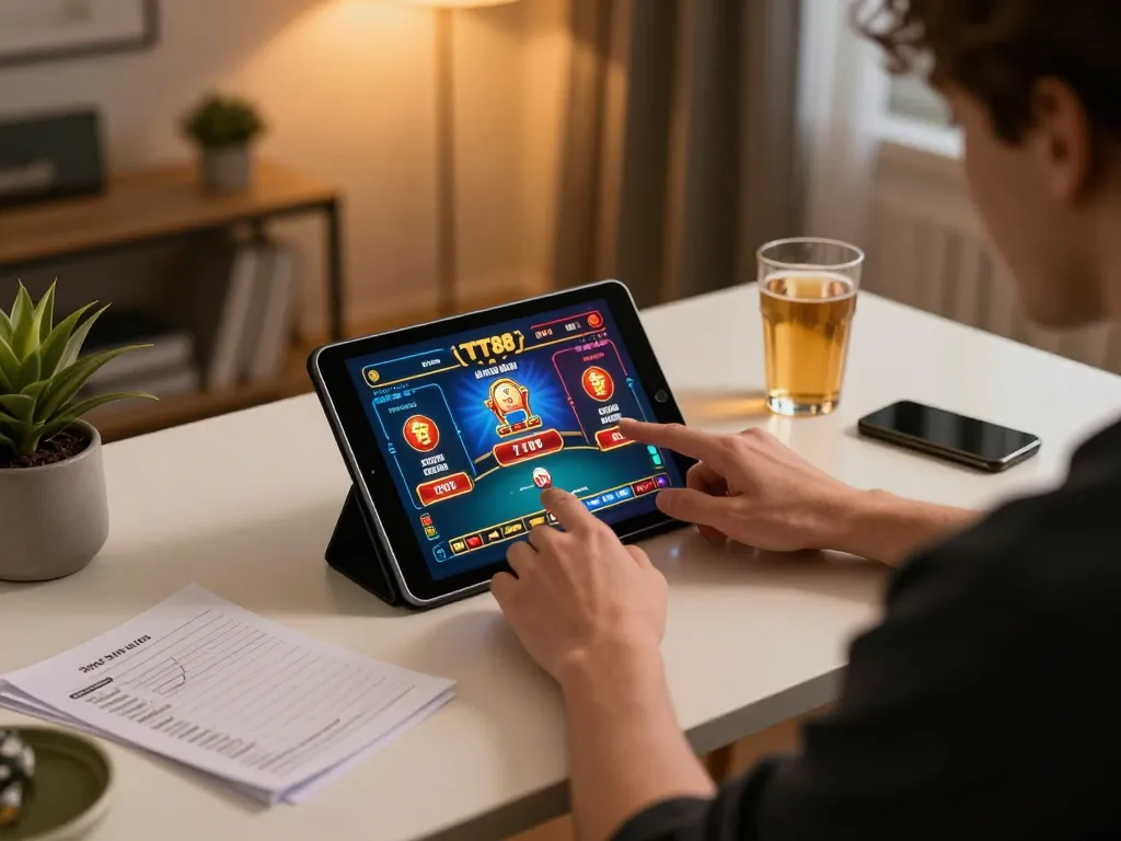 Engaging with TT88 casino game on tablet during an evening gaming session.