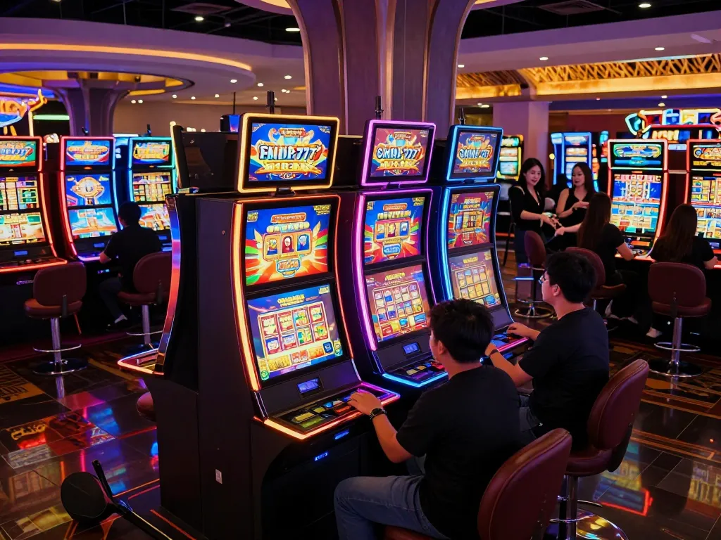 Engaging slot gacor 777 gameplay scene with vibrant machines and excited players.