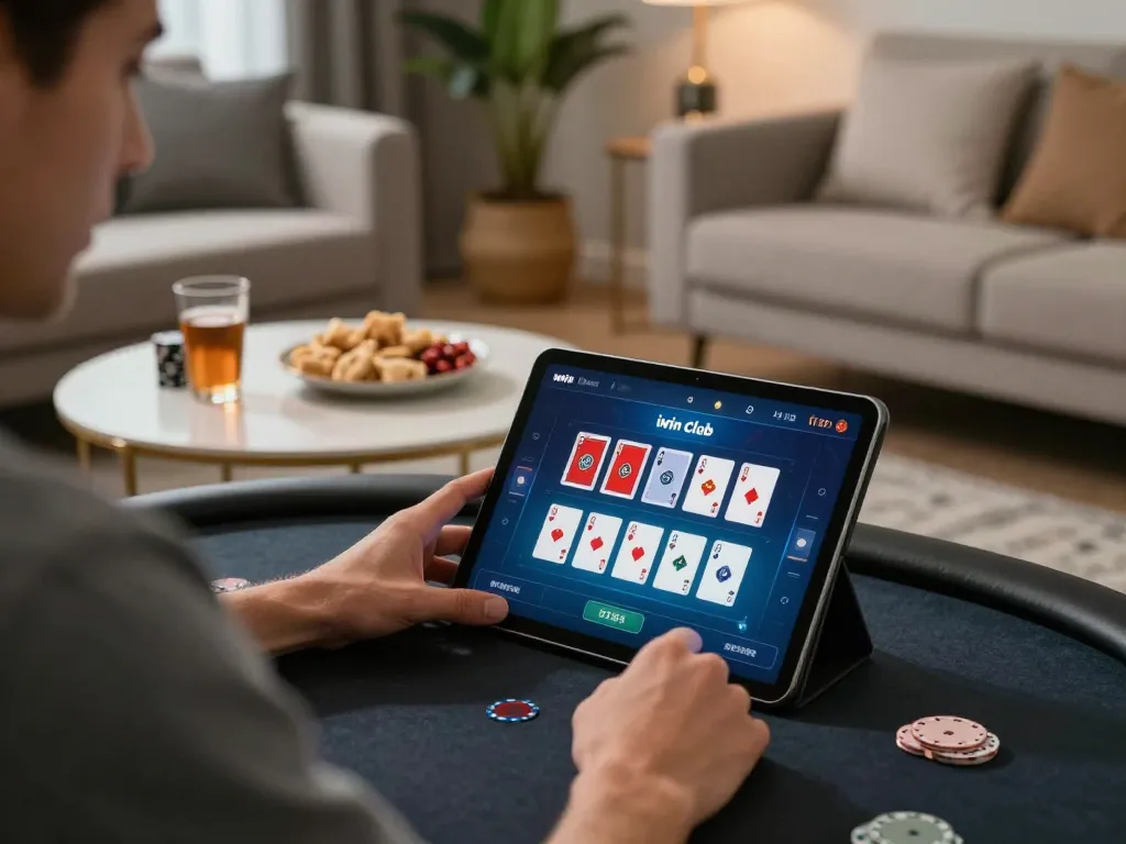 Engaged player strategizing their next move on the iwin club gambling app in a cozy living room.