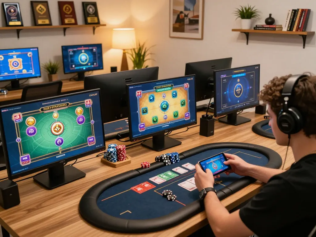 Engaging with Go88's mobile casino app while playing strategically in a cozy home office.