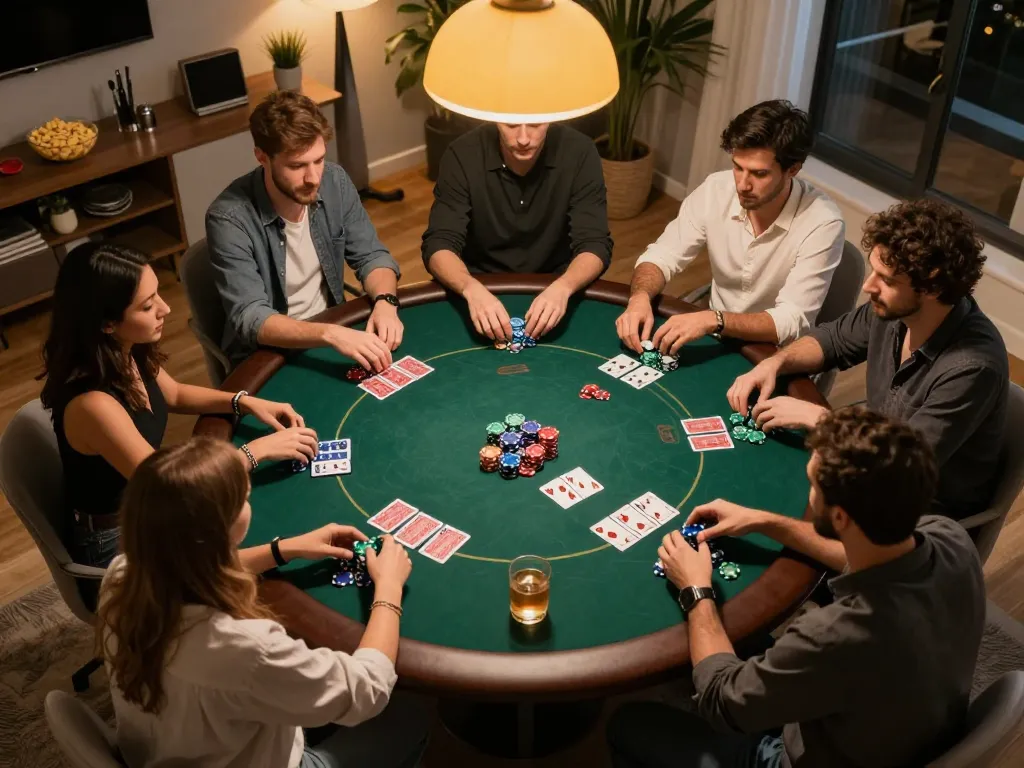 Hbet poker night with friends playing cards and chips stacked on the table, lively home atmosphere.