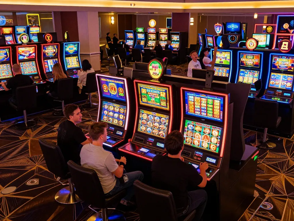 Pucuk138 players celebrating wins at colorful slot machines in exciting casino atmosphere.