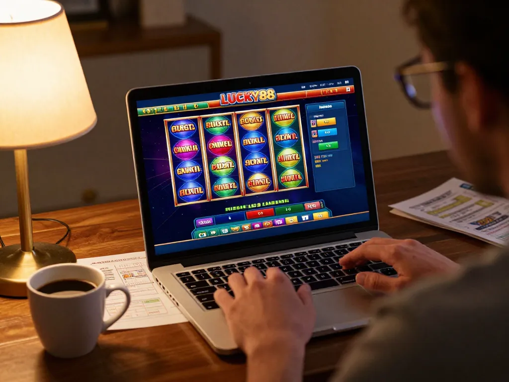 Person engaging with LUCKY88 online casino interface, focusing on colorful slots and live games.