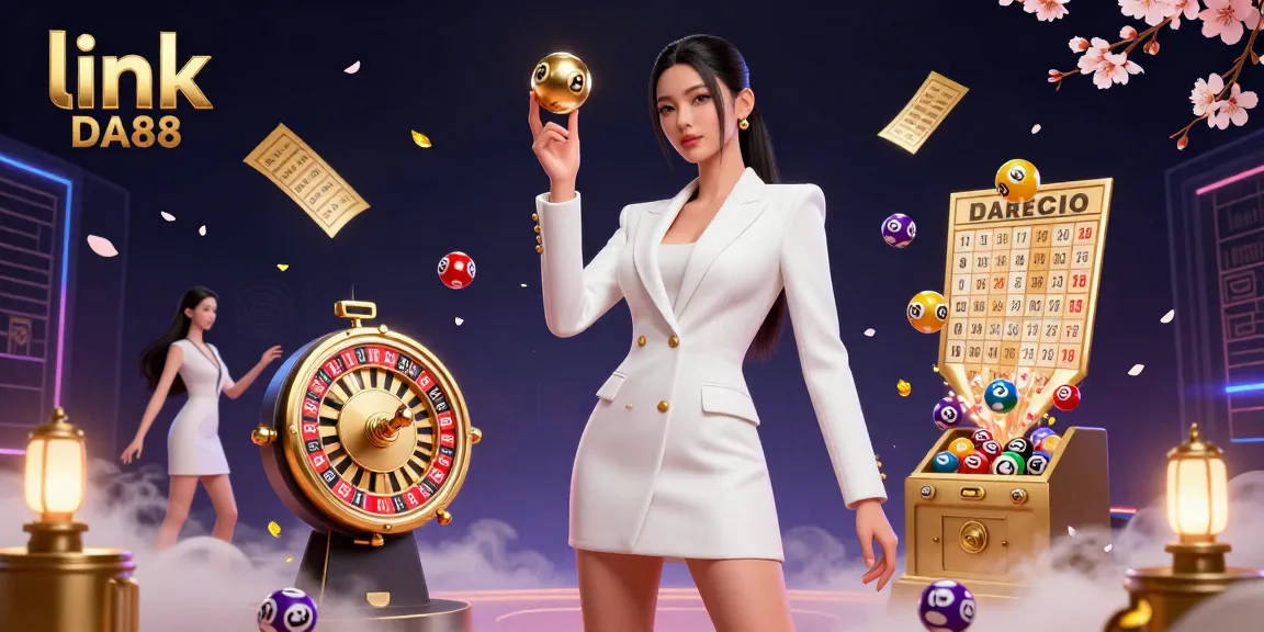 A photorealistic view of the glamorous link DA88 scene featuring a confident Asian woman in a tuxedo holding a roulette ball amidst lottery balls and casino elements, creating an engaging gambling atm