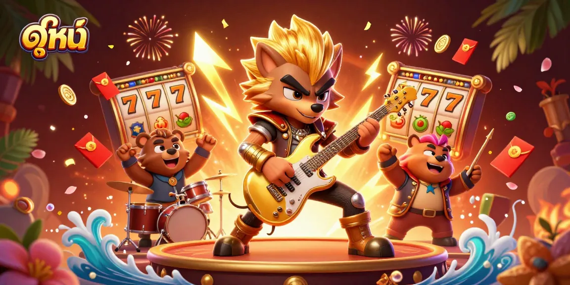 Experience ดูหนัง as a rock star wolf and drummer bear celebrate casino wins in a vibrant scene.