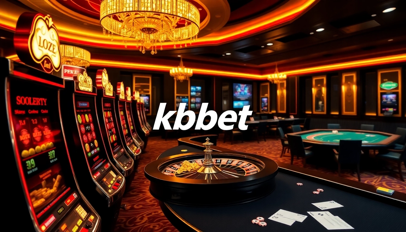 Experience vibrant online gambling excitement at kbbet with luxurious casino tables and slot machines.