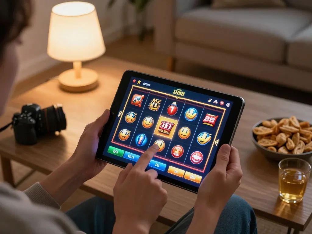 Engaging Slot Malaysia gameplay on a tablet in a cozy home gaming setup, showcasing dynamic interaction and vibrant visuals.