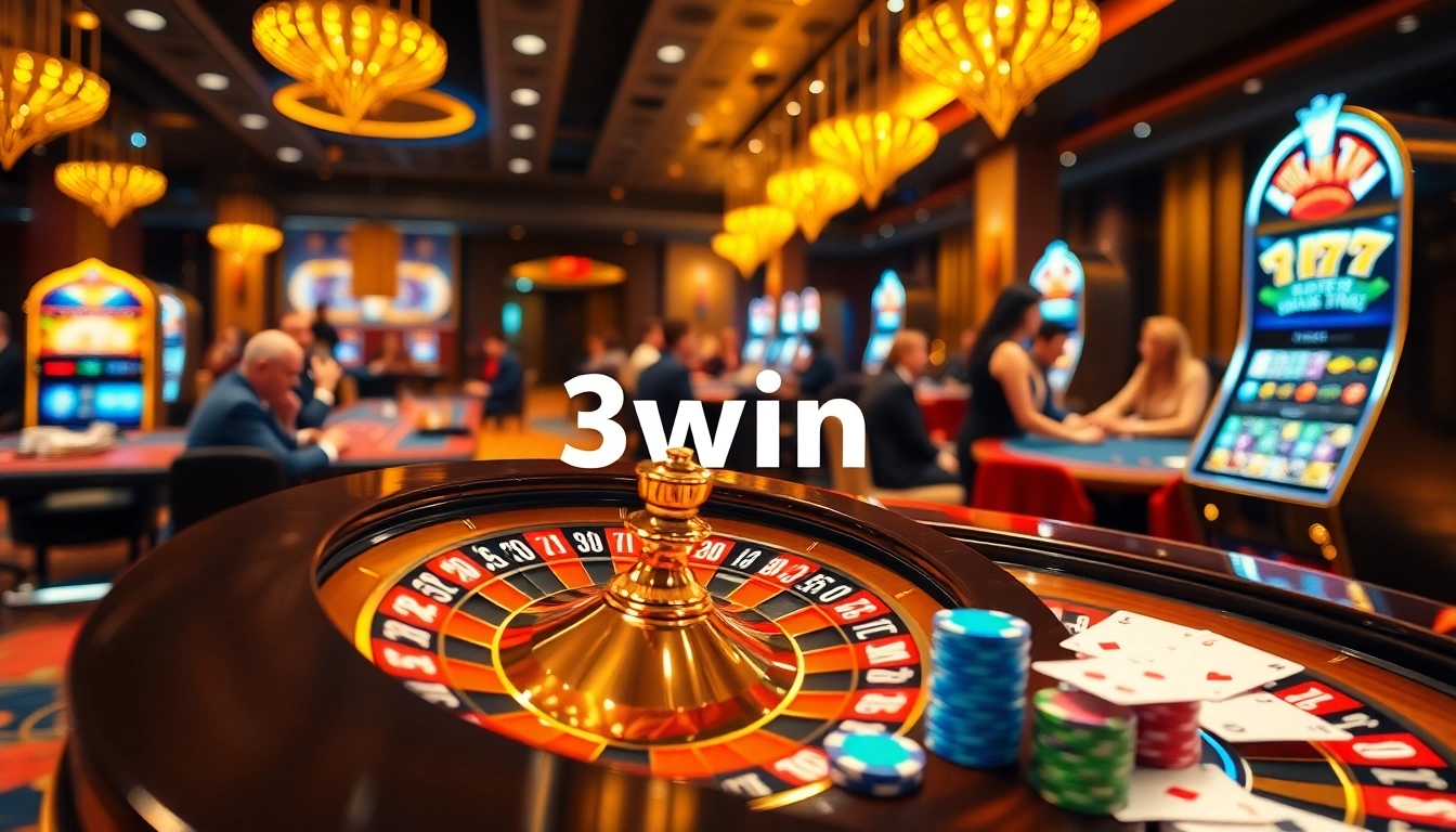 Engage with 3win at an exciting casino scene featuring a dynamic roulette wheel and casino action.