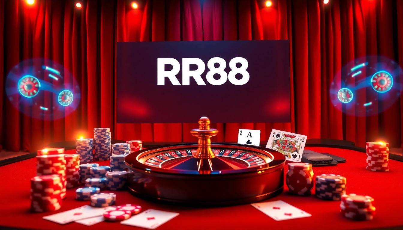 Experience thrilling gambling action with RR88 at a luxury casino table, showcasing poker chips and cards.