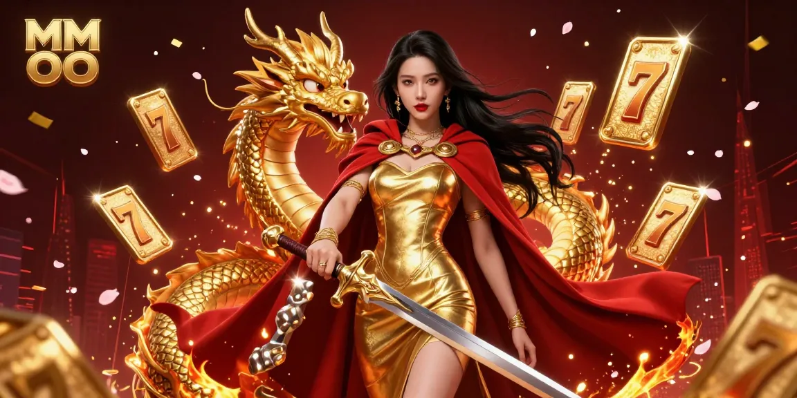 Experience thrilling gaming action in MM OO with stunning visuals of slot reels and a warrior queen.