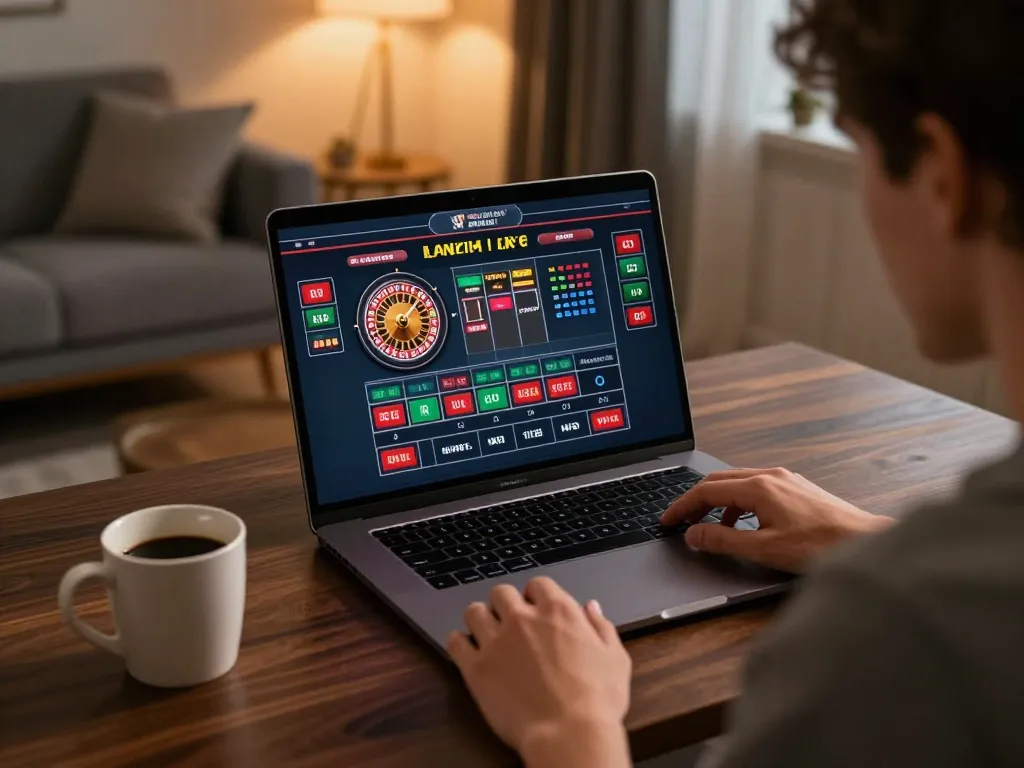 g28 player strategizing online roulette bets on laptop in cozy home environment
