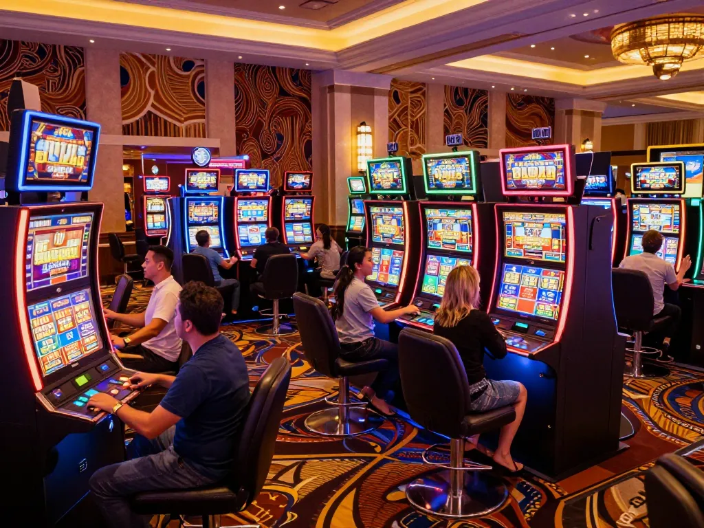 Players enjoying max88 slot machines in an upscale casino with vibrant neon lighting.