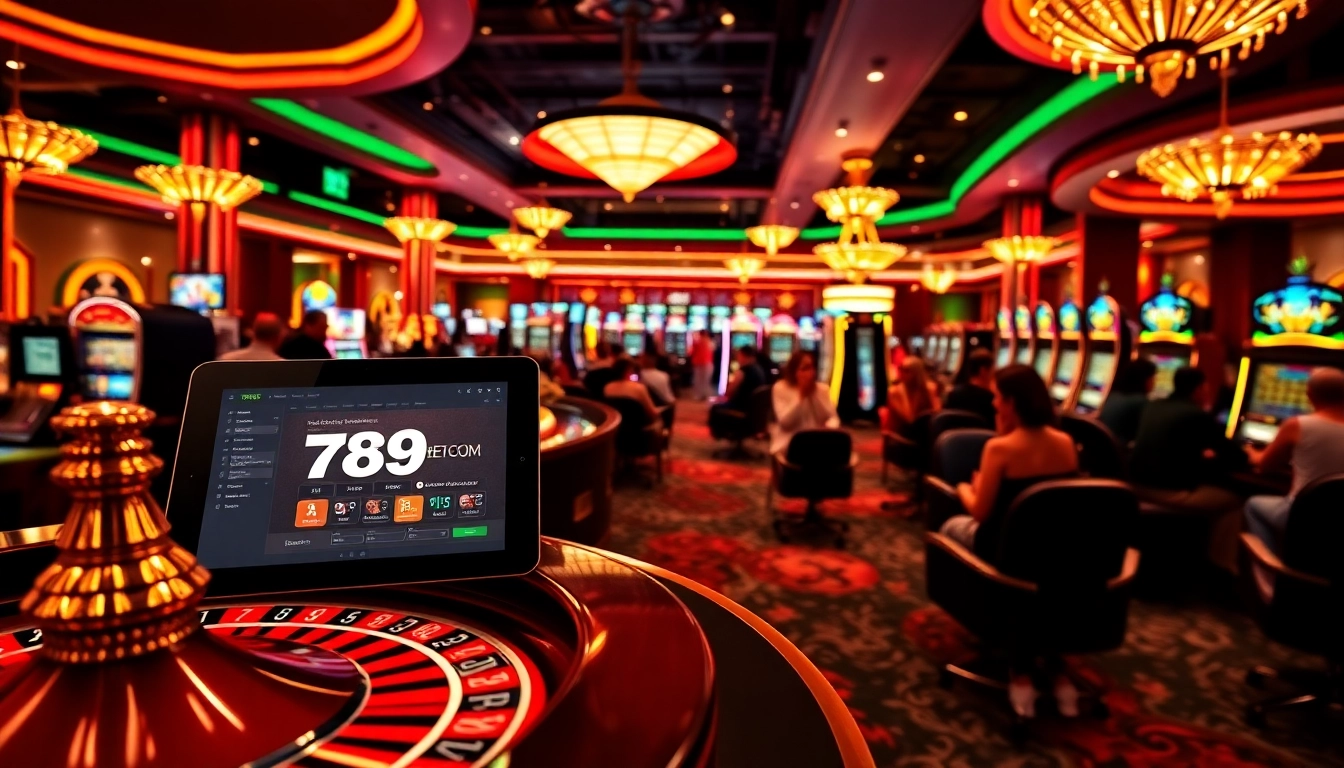 Experience the thrill at 789BET COM, showcasing vibrant casino action with roulette, slot machines, and poker chips.